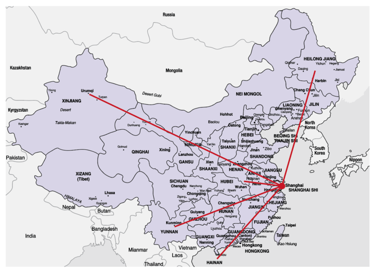 The geographic map of five locations in relation to Shanghai